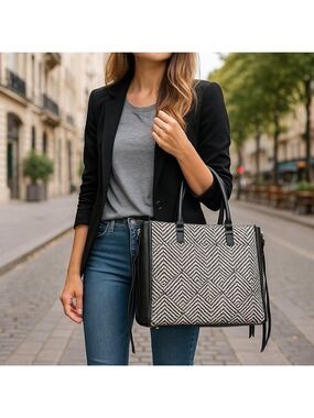 🖤 Rebecca Minkoff Woven Geometric Tote w/ Zip Top & Expandable Sides 🖤
